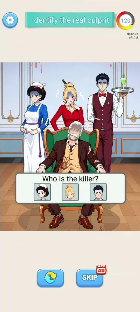 Уровень Кто убийца в Crazy Brain Puzzle: окно с вопросом Who is the killer и тремя портретами подозреваемых поверх сцены